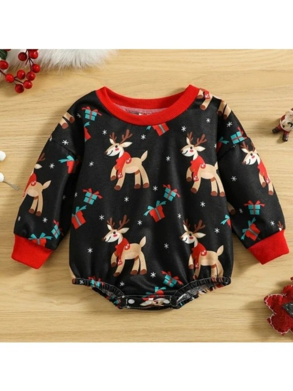 Baby Christmas Reindeer Long Sleeve Romper Bodysuit Black/Red (12-18 mon) (U963)
